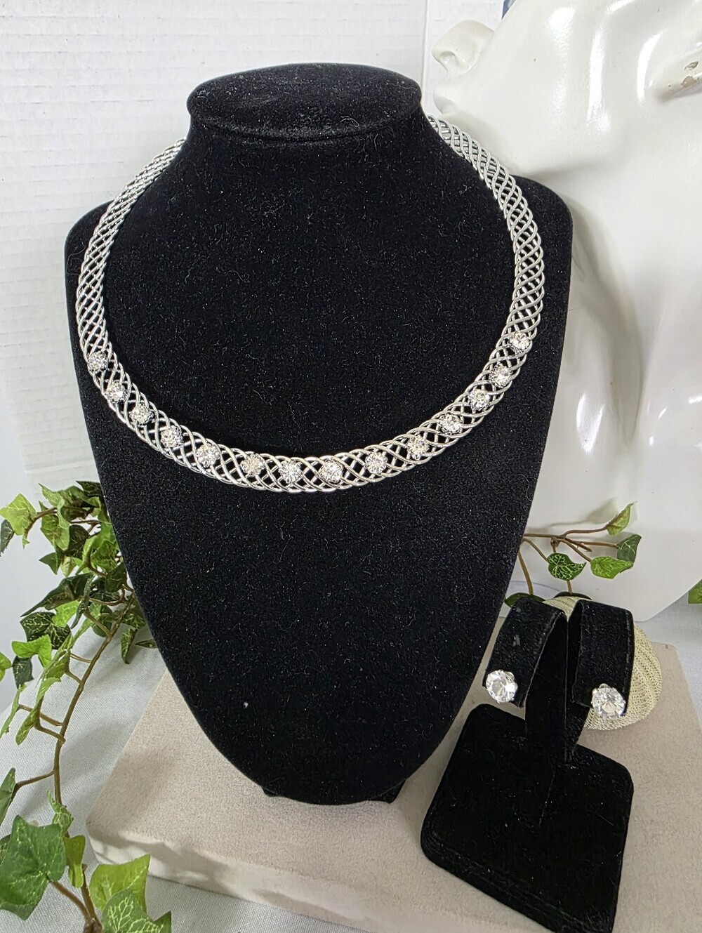 Vintage Rhodium Plated Lattice Choker & Stud Earring Set Cubic Zirconia